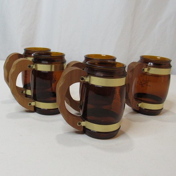 Vintage Siesta Ware Brown Barrel Amber Glass Mug Wood Handle Brass Trim Set of 5 - Picture 2 of 12